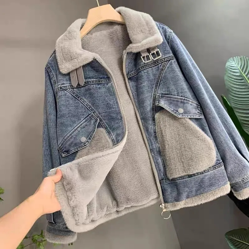 Patchwork Jean Jacket - Damska kurtka jeansowa z imitacji aksamitu
