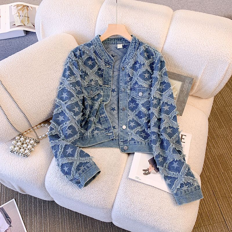 Patchwork Jean Jacket - Kurtka damska jeansowa z okrągłym dekoltem,