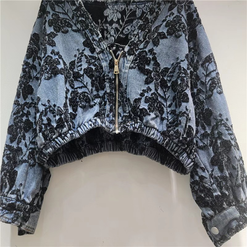 Patchwork Jean Jacket - Modna żakardowa krótka kurtka jeansowa damska